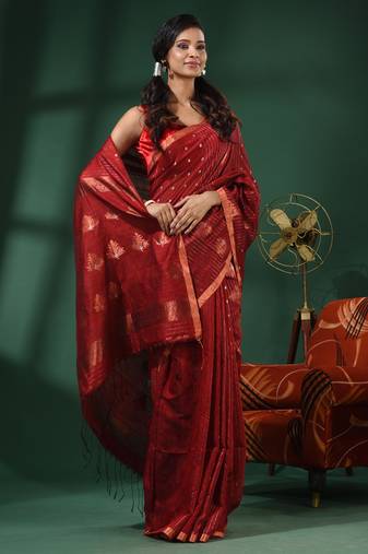 Red Matka Handwoven Saree With Texture Motifs