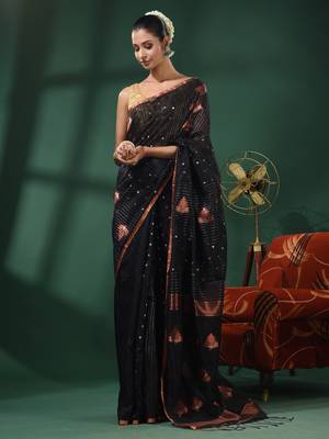 Black Matka Handwoven Saree With Texture Motifs 1