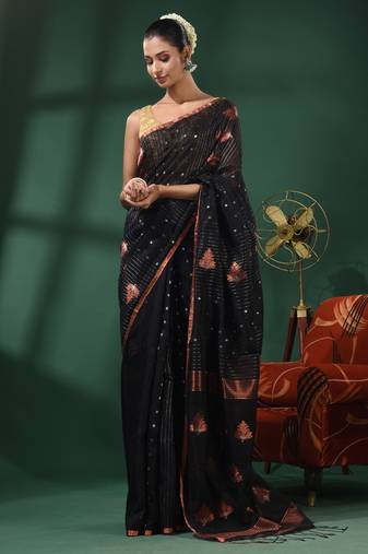 Black Matka Handwoven Saree With Texture Motifs