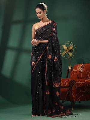 Black Matka Handwoven Saree With Texture Motifs 2