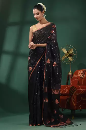 Black Matka Handwoven Saree With Texture Motifs