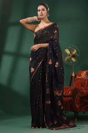Black Matka Handwoven Saree With Texture Motifs