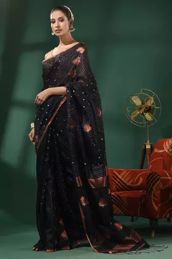 Black Matka Handwoven Saree With Texture Motifs