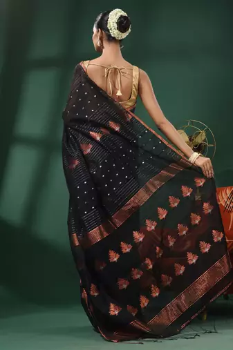 Black Matka Handwoven Saree With Texture Motifs
