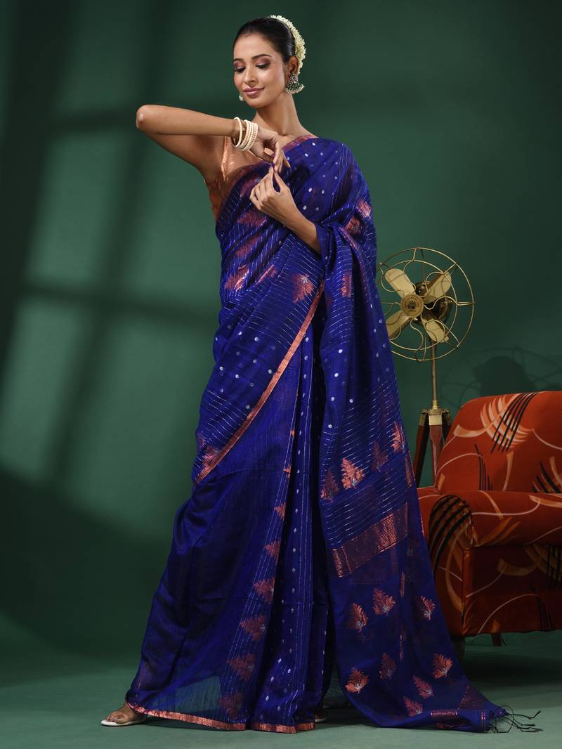 Matka Texture Blue Matka Handwoven Saree With Texture Motifs - Charukriti - 4239935