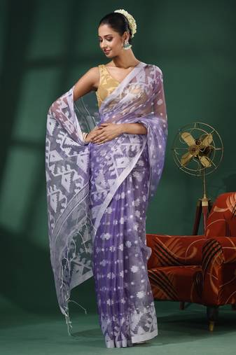 Violet Muslin Handwoven Saree With Jamdani Designs