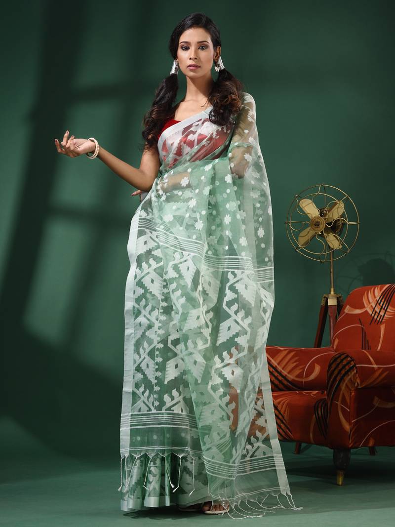 Green Muslin Saree with Multicolour Stripes