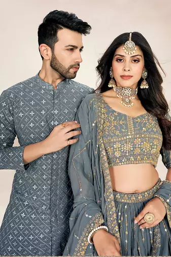 Grey Sequin Embroidery Lehenga and Kurta Pajama for Couples