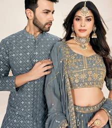 Grey Sequin Embroidery Lehenga and Kurta Pajama for Couples
