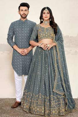 Grey Sequin Embroidery Lehenga and Kurta Pajama for Couples 1