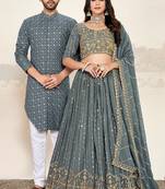Grey Sequin Embroidery Lehenga and Kurta Pajama for Couples