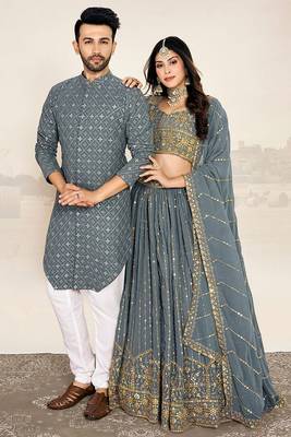 Grey Sequin Embroidery Lehenga and Kurta Pajama for Couples 3