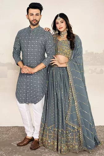 Grey Sequin Embroidery Lehenga and Kurta Pajama for Couples