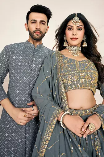 Grey Sequin Embroidery Lehenga and Kurta Pajama for Couples