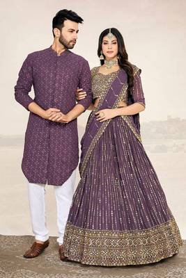 Matching Combo Couple Sequence Outfit With Purple Lehenga And Kurta Pajama 1