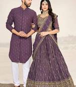 Matching Combo Couple Sequence Outfit With Purple Lehenga And Kurta Pajama