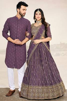 Matching Combo Couple Sequence Outfit With Purple Lehenga And Kurta Pajama 2