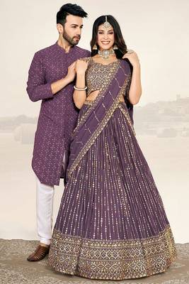 Matching Combo Couple Sequence Outfit With Purple Lehenga And Kurta Pajama 3