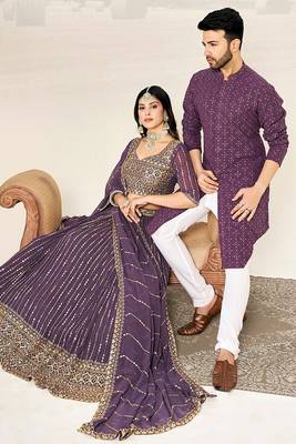 Matching Combo Couple Sequence Outfit With Purple Lehenga And Kurta Pajama 4