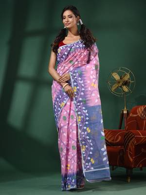 Pink Handwoven Dhakai Jamdani Saree With Foliage Designs Without Blouse 1