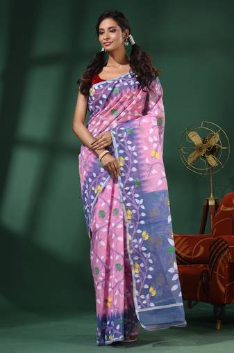 Pink Handwoven Dhakai Jamdani Saree With Foliage Designs Without Blouse