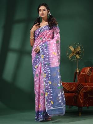 Pink Handwoven Dhakai Jamdani Saree With Foliage Designs Without Blouse 2