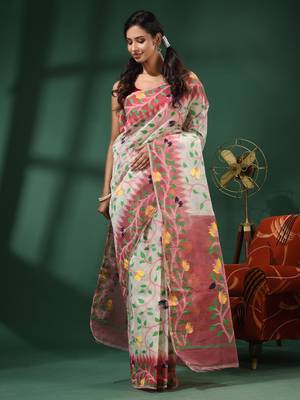 White Handwoven Dhakai Jamdani Saree With Foliage Designs Without Blouse 1