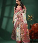 White Handwoven Dhakai Jamdani Saree With Foliage Designs Without Blouse