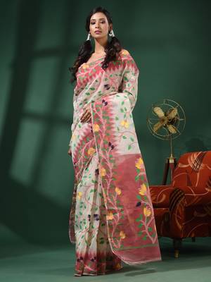 White Handwoven Dhakai Jamdani Saree With Foliage Designs Without Blouse 2