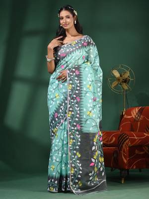 Sea Green Handwoven Dhakai Jamdani Saree With Foliage Designs Without Blouse 1