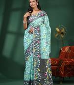 Sea Green Handwoven Dhakai Jamdani Saree With Foliage Designs Without Blouse