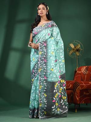 Sea Green Handwoven Dhakai Jamdani Saree With Foliage Designs Without Blouse 2