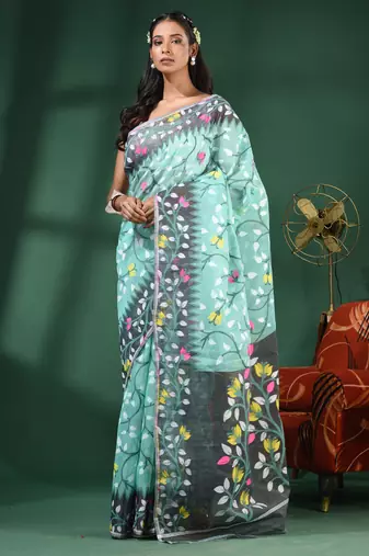 Sea Green Handwoven Dhakai Jamdani Saree With Foliage Designs Without Blouse