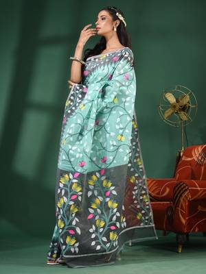 Sea Green Handwoven Dhakai Jamdani Saree With Foliage Designs Without Blouse 3