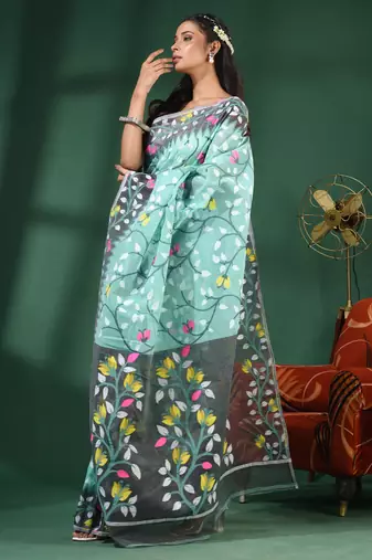 Sea Green Handwoven Dhakai Jamdani Saree With Foliage Designs Without Blouse
