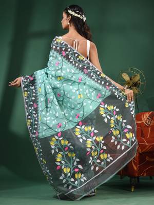 Sea Green Handwoven Dhakai Jamdani Saree With Foliage Designs Without Blouse 4