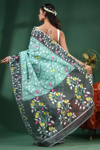 Sea Green Handwoven Dhakai Jamdani Saree With Foliage Designs Without Blouse