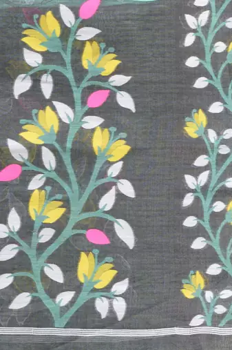 Sea Green Handwoven Dhakai Jamdani Saree With Foliage Designs Without Blouse