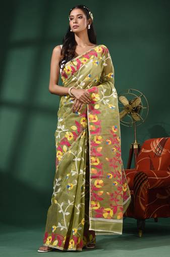 Sap Green Handwoven Dhakai Jamdani Saree With Foliage Designs Without Blouse