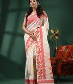 White Handwoven Dhakai Jamdani Saree With Foliage Designs Without Blouse