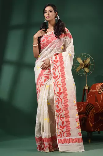 White Handwoven Dhakai Jamdani Saree With Foliage Designs Without Blouse
