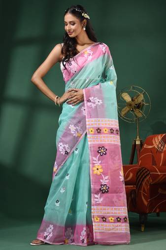 Sea Green Handwoven Dhakai Jamdani Saree With Floral Border Without Blouse