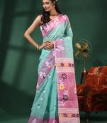 Sea Green Handwoven Dhakai Jamdani Saree With Floral Border Without Blouse