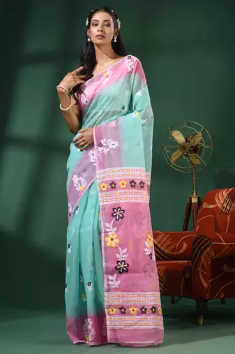 Sea Green Handwoven Dhakai Jamdani Saree With Floral Border Without Blouse