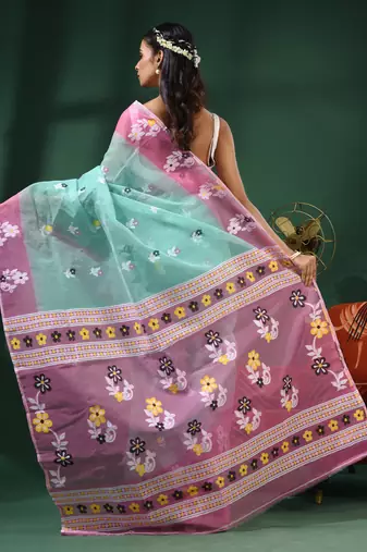 Sea Green Handwoven Dhakai Jamdani Saree With Floral Border Without Blouse