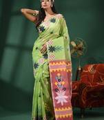 Green Handwoven Dhakai Jamdani Saree With Texture Border Without Blouse