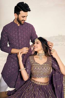 Matching Combo Couple Sequence Outfit With Purple Lehenga And Kurta Pajama 5