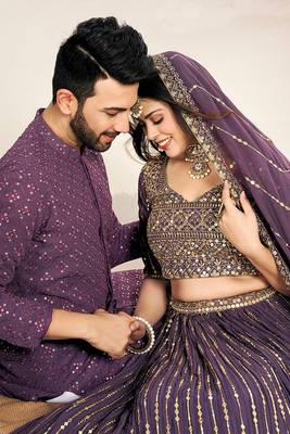 Matching Combo Couple Sequence Outfit With Purple Lehenga And Kurta Pajama 6