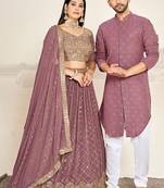 Dusty Pink Sequin Embroidery Lehenga Choli and Kurta Pajama Couple Combo