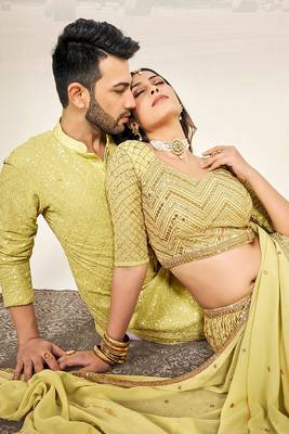  Matching Combo Couple Sequence Outfit With Yellow Lehenga And Kurta Pajama 2